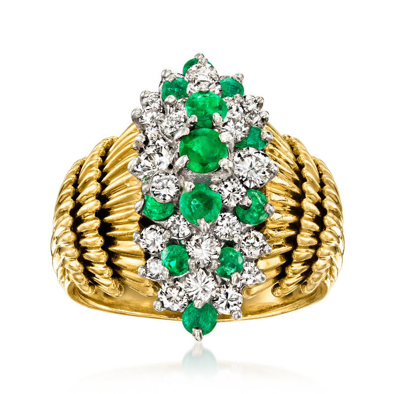 Vintage 18kt yellow gold ring with green emeralds and round white diamonds, prong-set