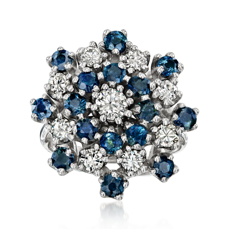 Vintage cluster ring in white gold with blue sapphires and white diamonds