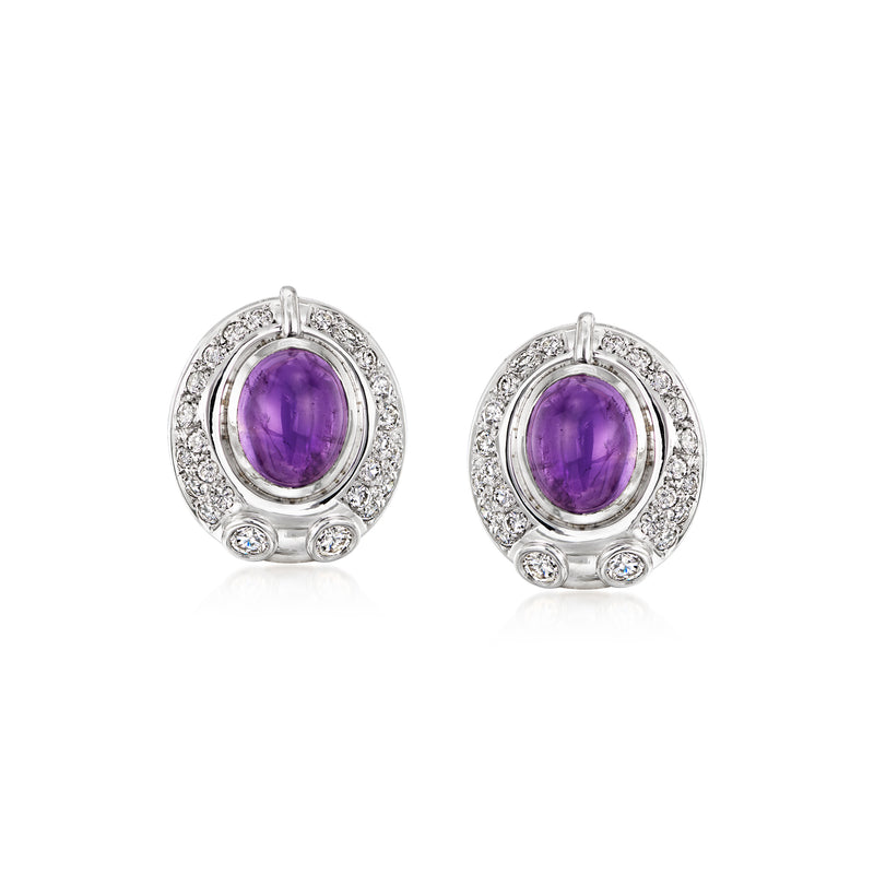Amethyst stud earrings with diamond halo in white gold, round bezel setting