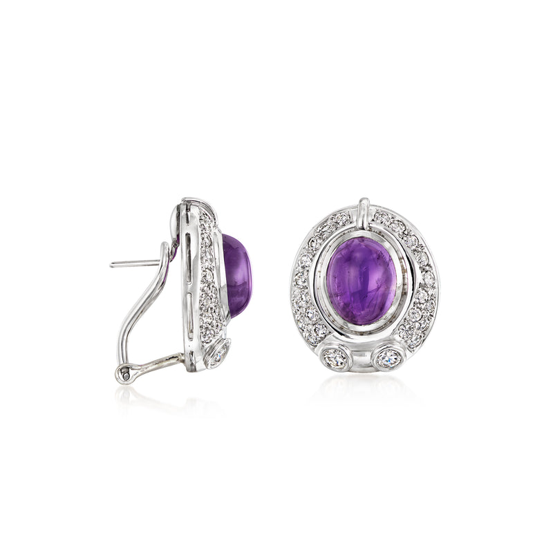 Amethyst stud earrings with diamond halo, post back in white gold