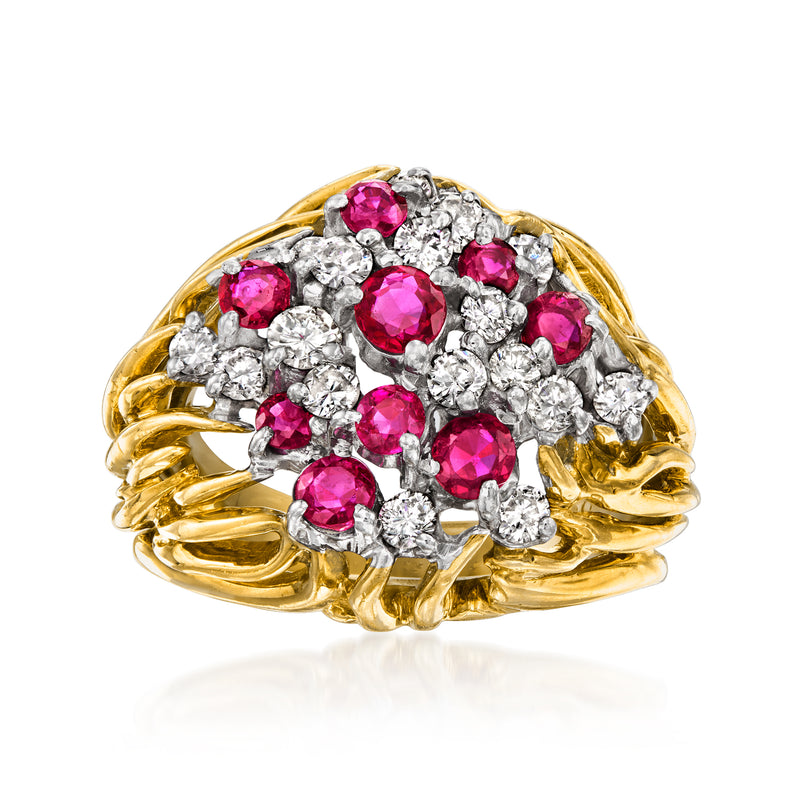 Vintage ruby and diamond cluster ring in 18kt yellow gold, pink stones with diamond accents