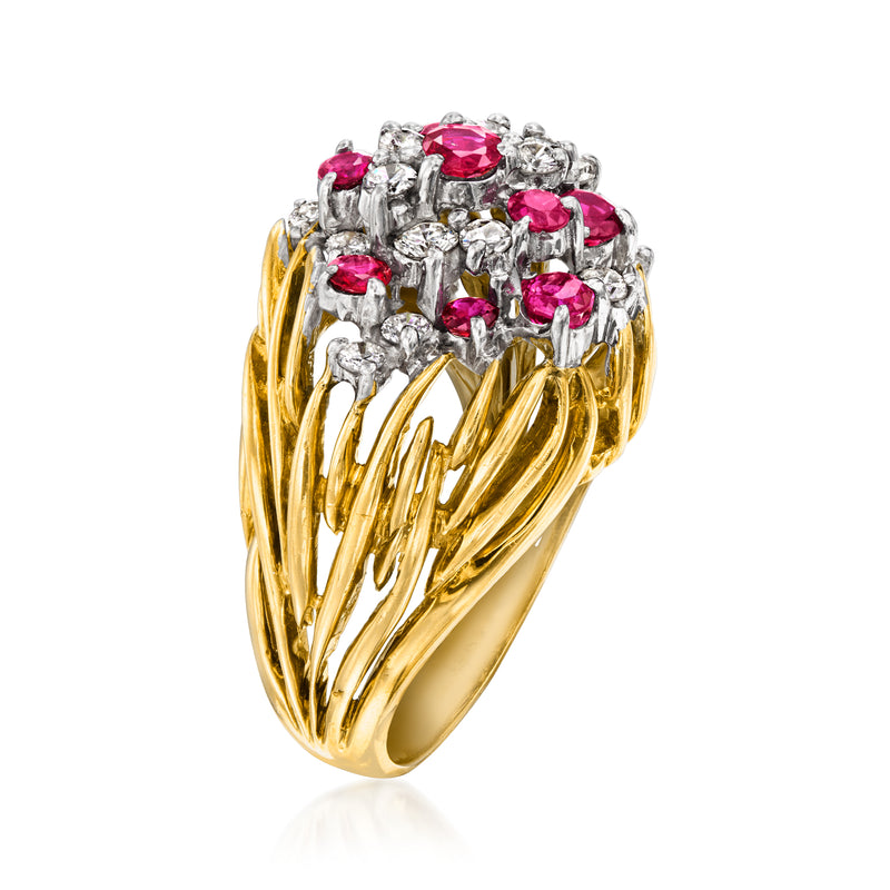 Ruby and diamond cluster ring with yellow gold band and prong-set pink stones and diamonds