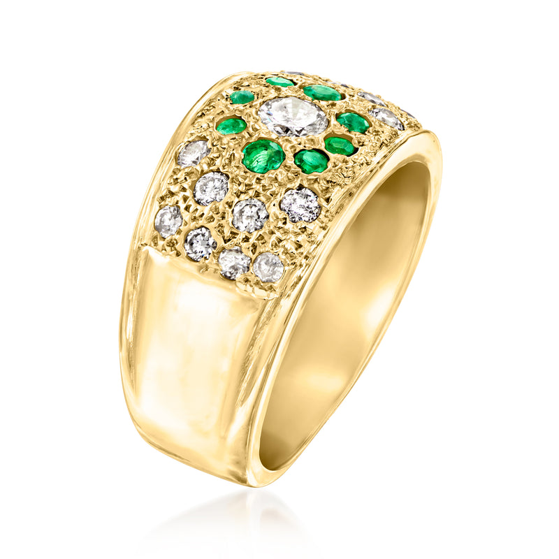 14kt yellow gold ring with emerald cluster and diamond surround, raised oval top