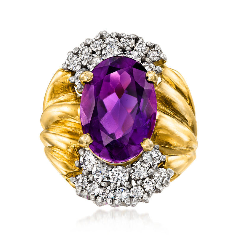 Vintage amethyst gemstone ring in yellow gold with diamond halo and prong setting