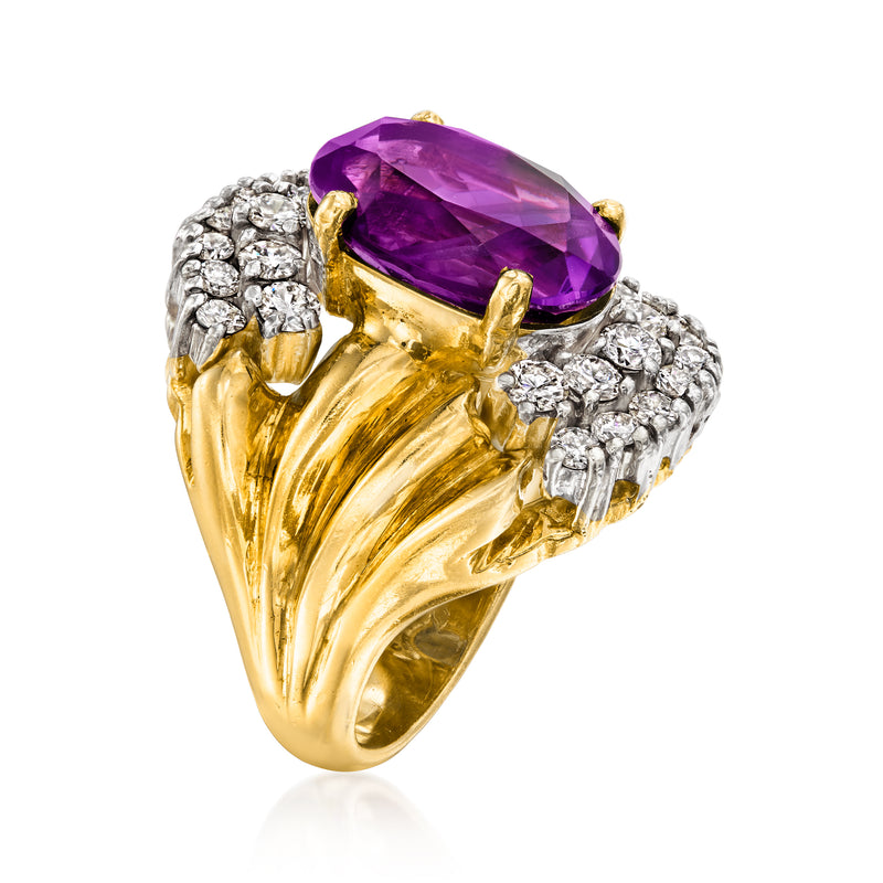 Vintage 14kt yellow gold ring with oval amethyst and diamond accents