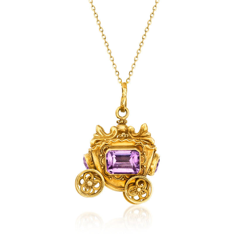 Gold amethyst carriage pendant necklace with rectangular purple gemstone and chain