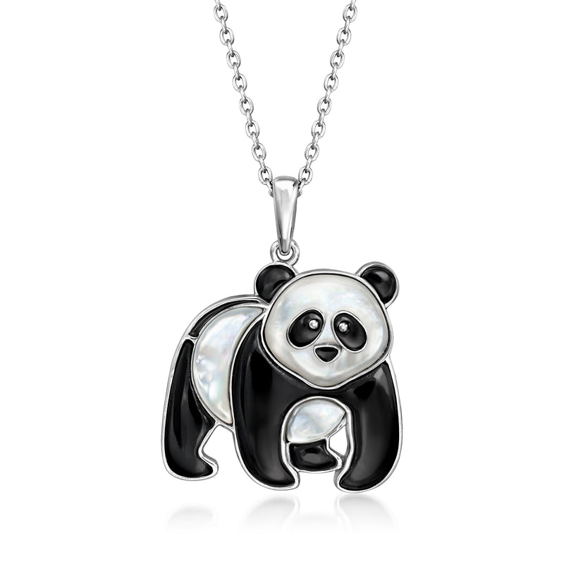 Sterling silver panda pendant necklace with black onyx and mother-of-pearl details