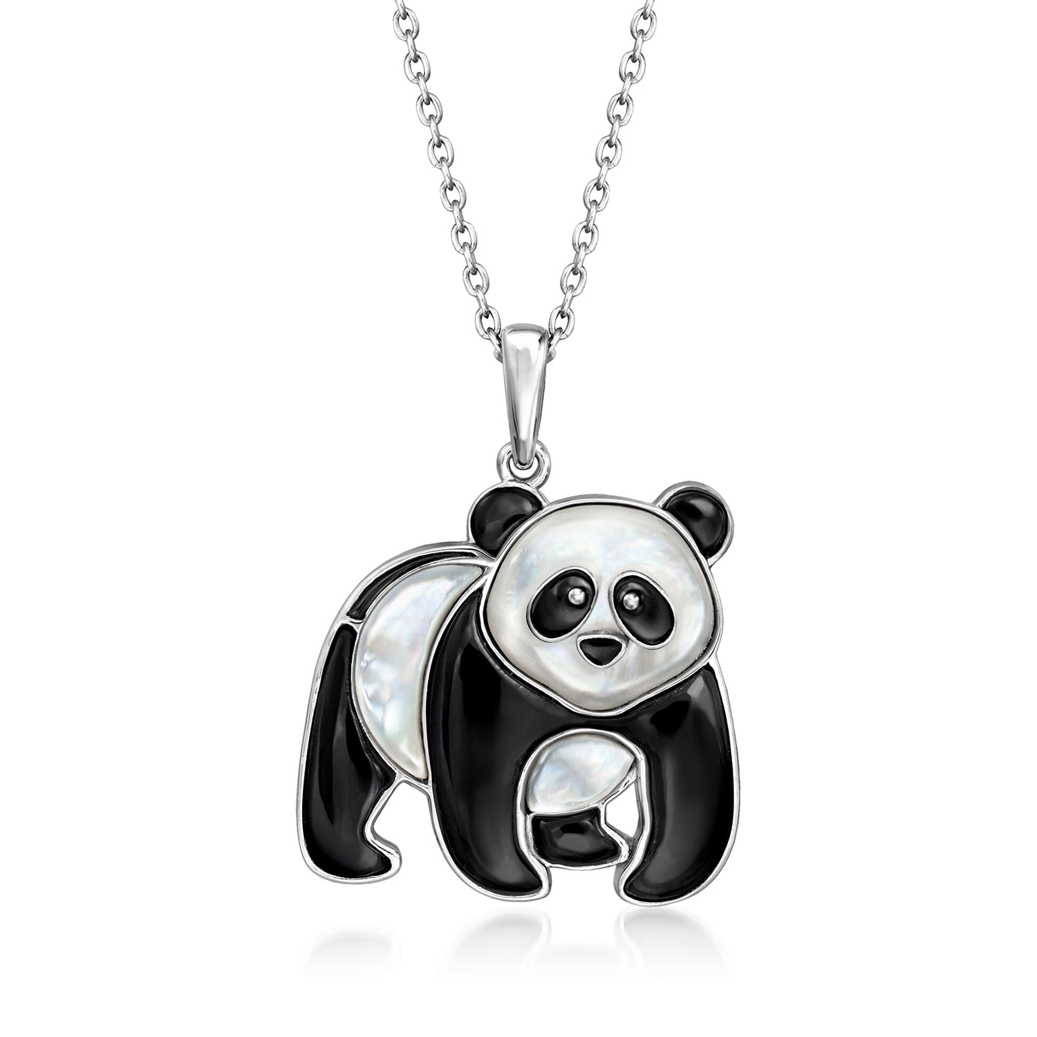 Onyx and Mother-of-Pearl Panda Pendant Necklace in Sterling Silver