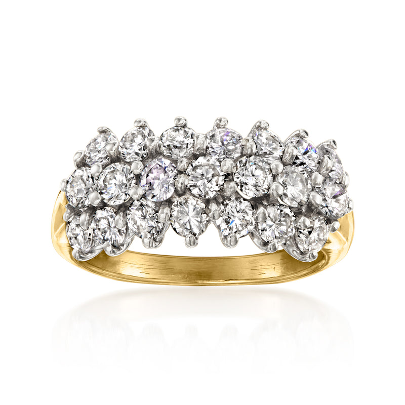 Vintage three-row diamond ring with round stones in 14kt yellow gold band