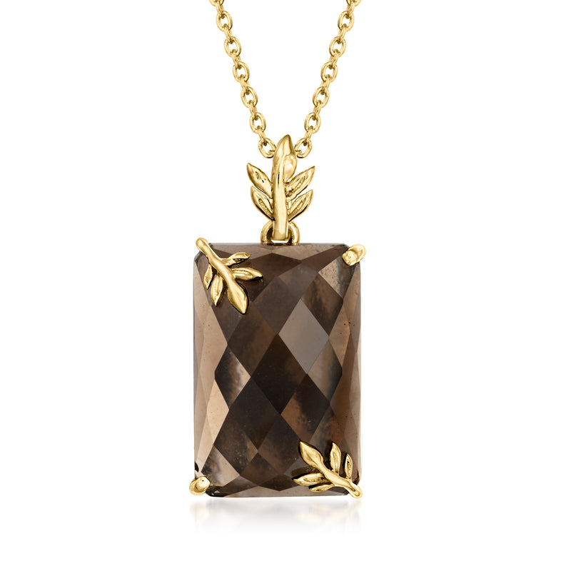 Gold leaf pendant necklace with rectangular smoky quartz gem, adjustable chain