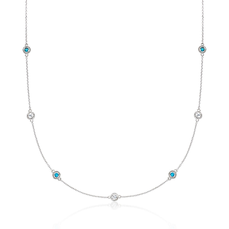 Vintage blue and white diamond station necklace, round blue accents on 14kt white gold