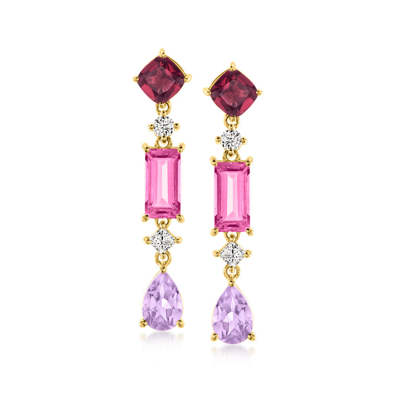 Gold drop earrings with red, pink, and purple gemstones and white diamond accents