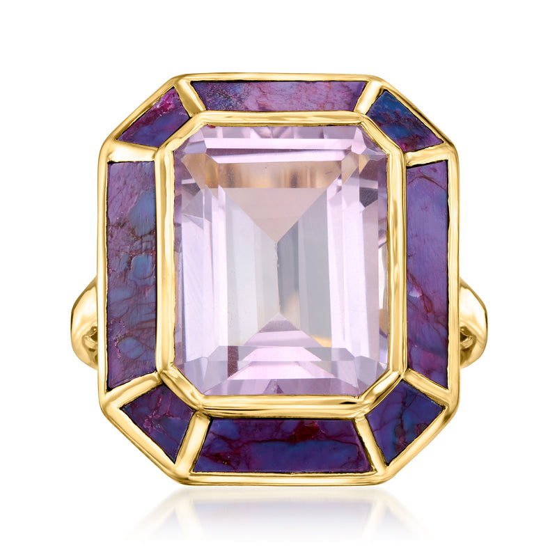 Gold-tone ring with rectangular amethyst centerpiece and purple turquoise side stones