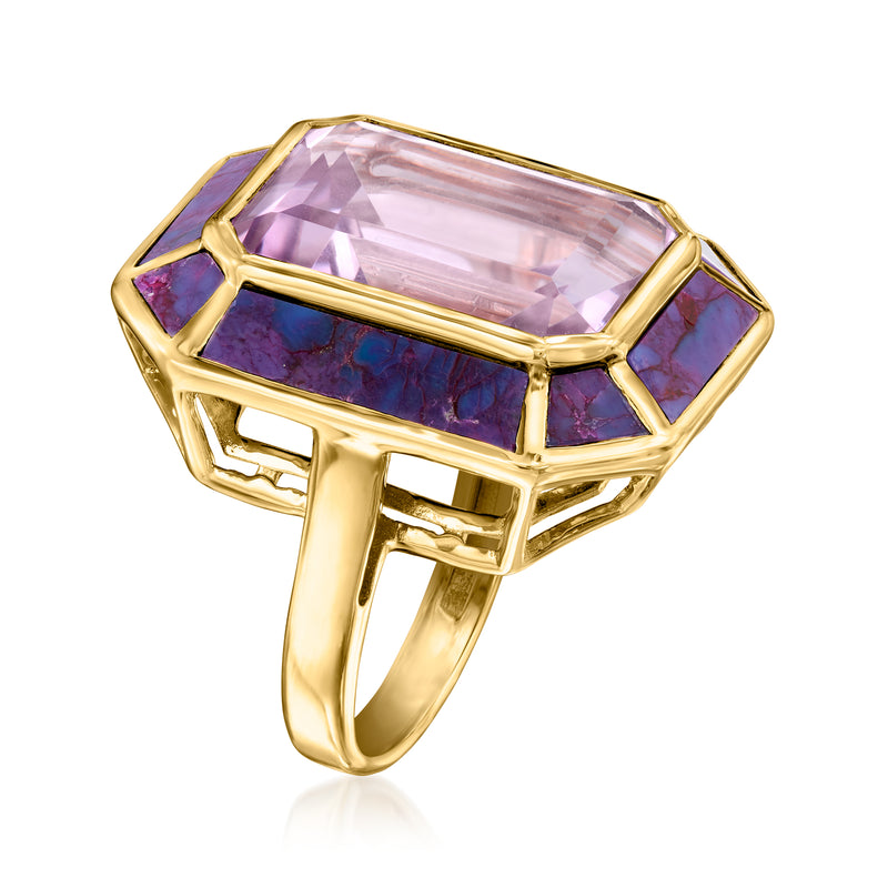 Gold-tone ring with elongated amethyst gemstone and purple turquoise accents, openwork band
