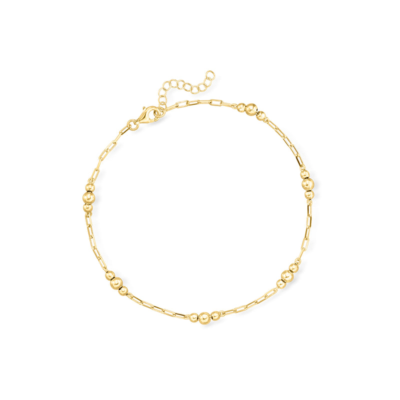 Gold over sterling bead station anklet with round bead stations and linked chain