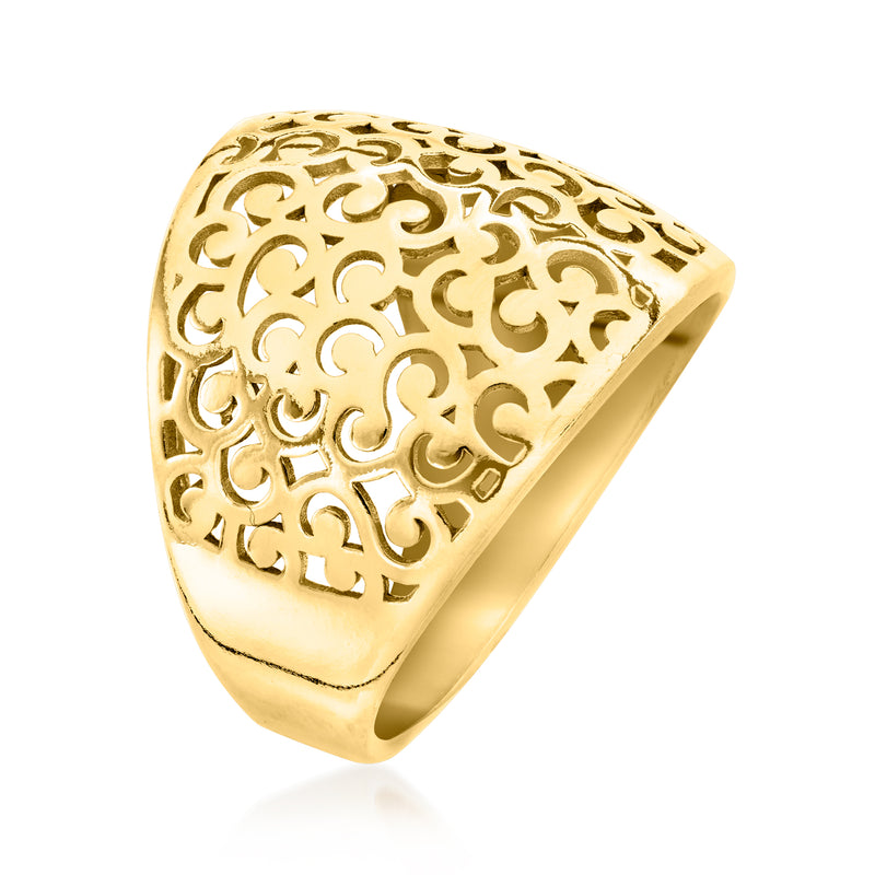 Gold over sterling filigree ring, textured dome with scrolling cutouts