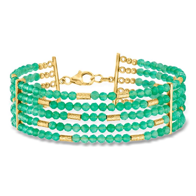 Five-row green bead bracelet with gold toggle clasp, stacked bead design