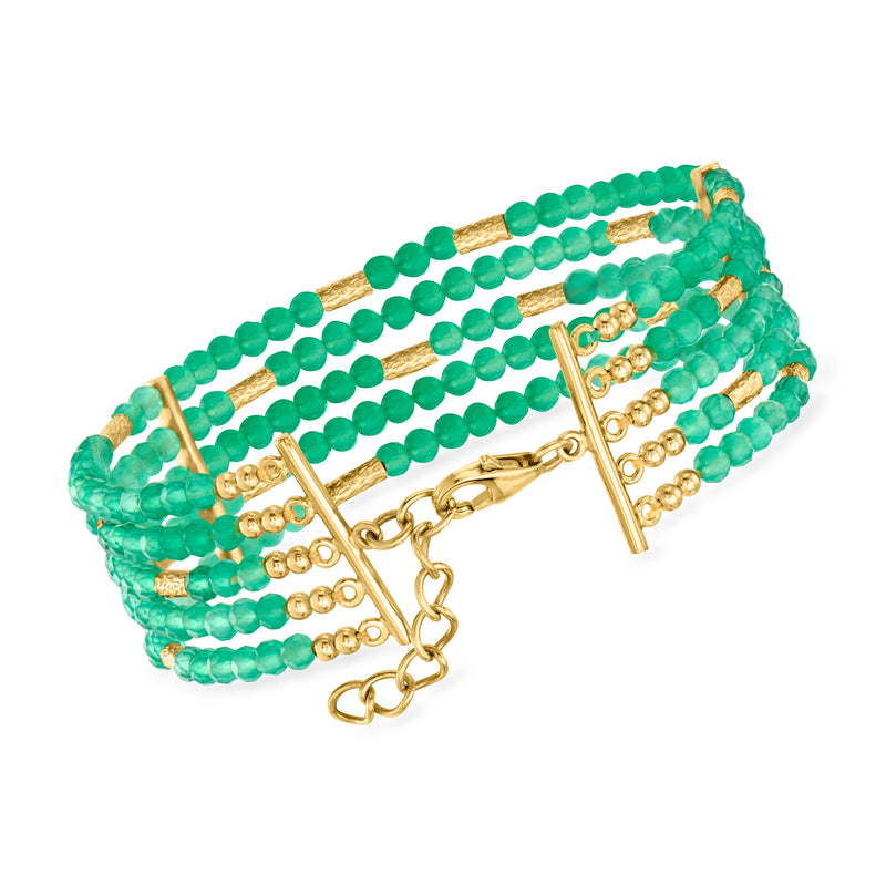 Five-row green bead bracelet with gold bar accents and open toggle clasp