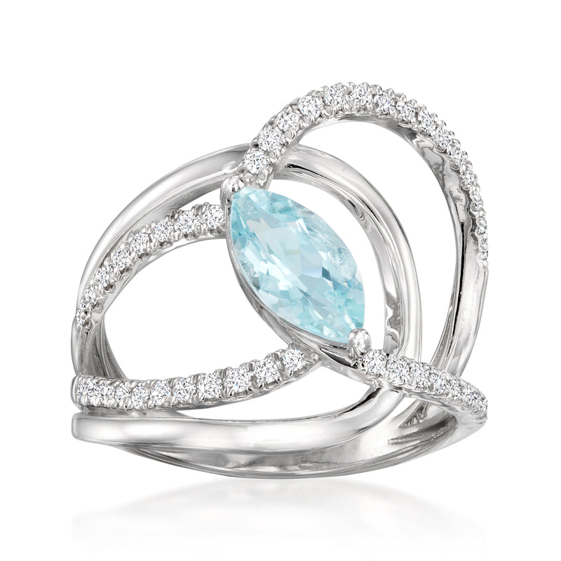 Sterling silver ring with aquamarine marquise stone and lab-grown diamond accents