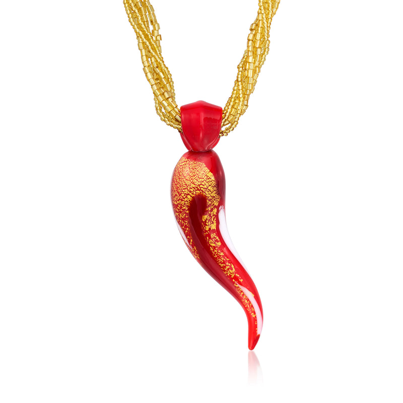 Red Murano glass horn pendant necklace with gold multi-strand chain