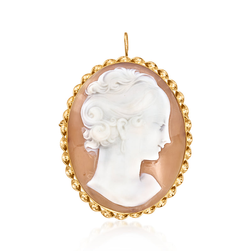 Vintage shell cameo pendant pin in 10kt yellow gold, oval white profile with brown backing