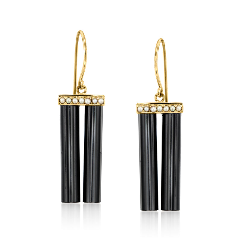 14kt yellow gold onyx drop earrings with seed-pearl caps and earwires