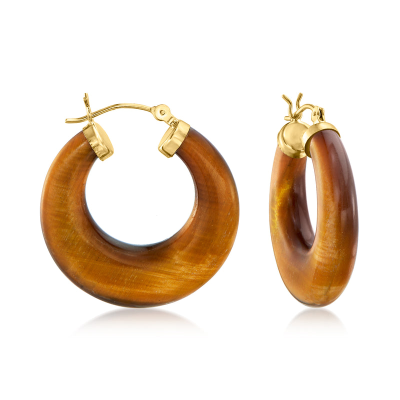 14kt yellow gold tiger eye hoop earrings, oval hoops with dark amber striped stone.
