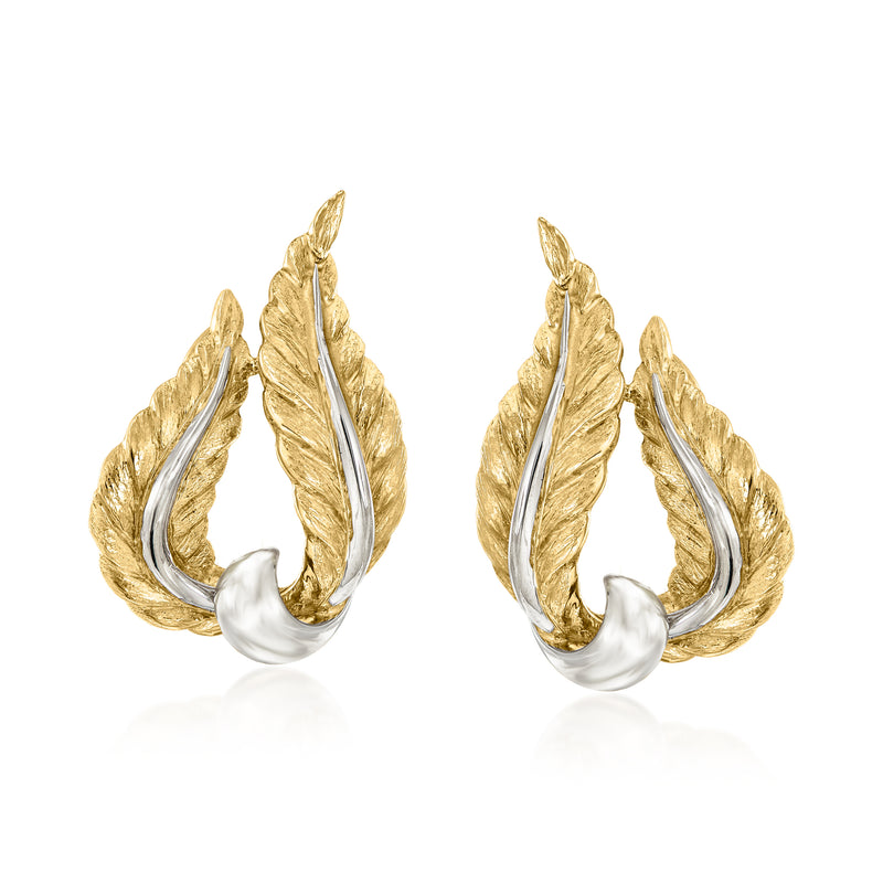 Two-tone gold feather earrings with textured layered feather drops