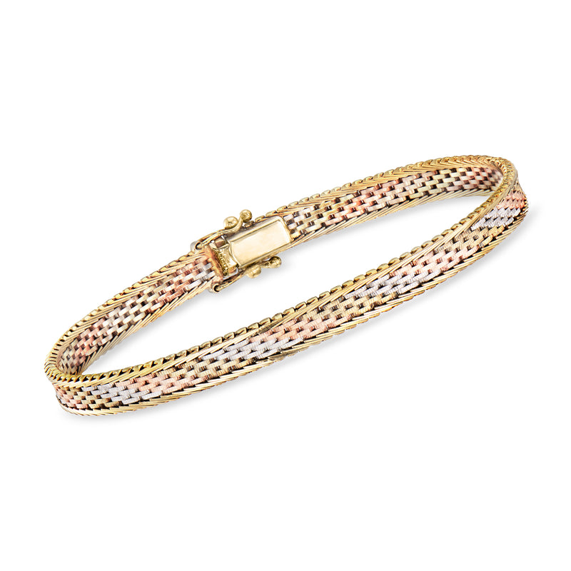 Vintage tri-colored 14kt gold woven bracelet with hinged clasp