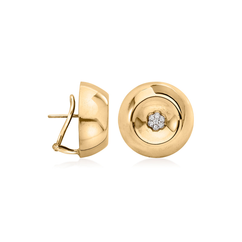 Clip/post style round 14kt yellow gold diamond earrings, side view with back