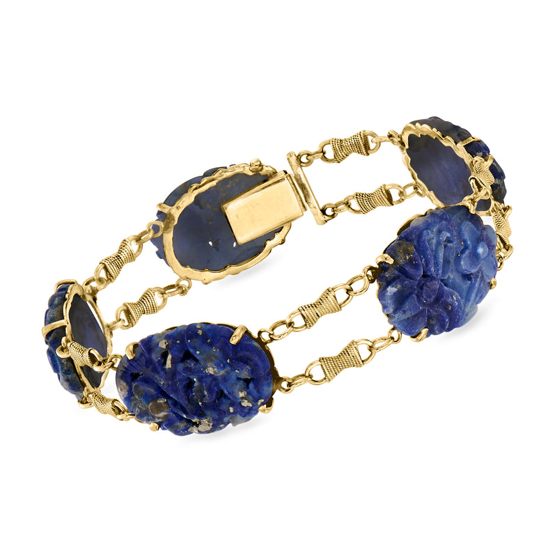 14kt yellow gold link bracelet with blue lapis cabochons and toggle clasp