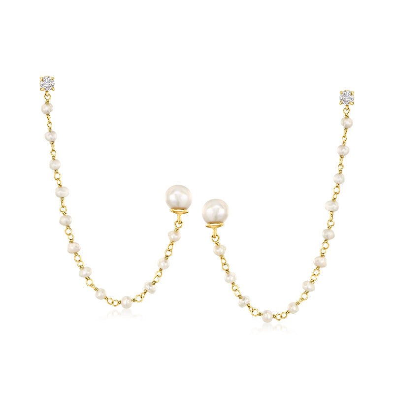 Gold drop earrings with CZ stud tops and cultured pearl bead fringe