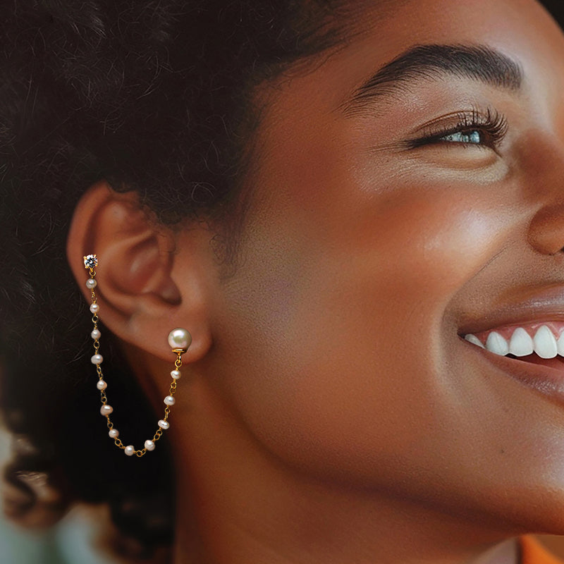 Cultured pearl drop earrings with CZ studs, dangling gold bead strands