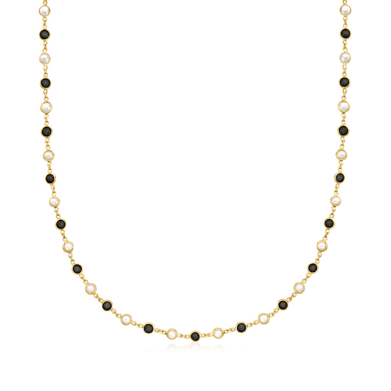 Gold bezel onyx and cultured pearl necklace with alternating oval bead stations