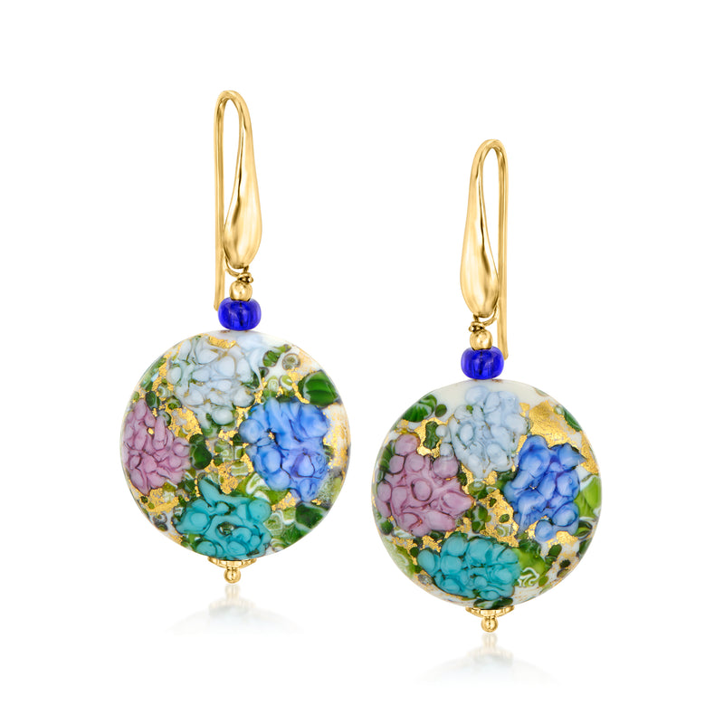 Murano glass drop earrings: multicolored round discs with blue bead, gold earwire