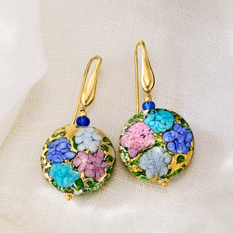 Murano glass drop earrings with multicolored circular discs (pink, teal, blue) and gold earwire