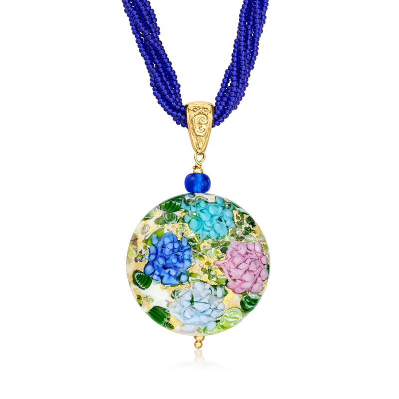 Gold pendant necklace with round multicolor glass hydrangea and blue bead