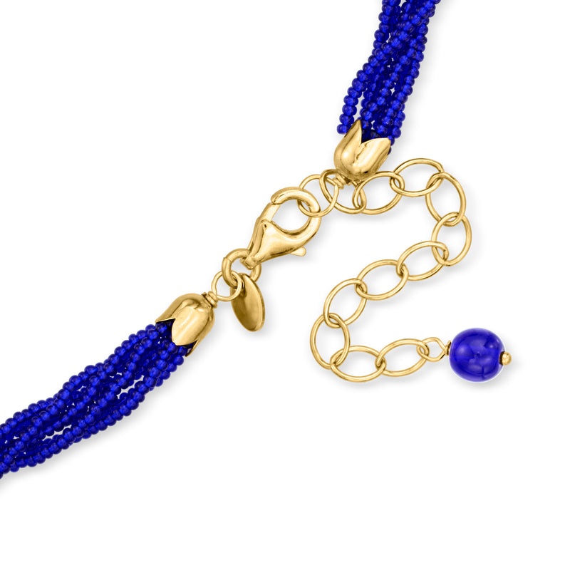 Gold chain clasp and blue bead strands with small gold spacers