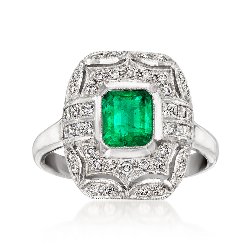 Emerald square-cut gemstone filigree ring in white gold with diamond accents