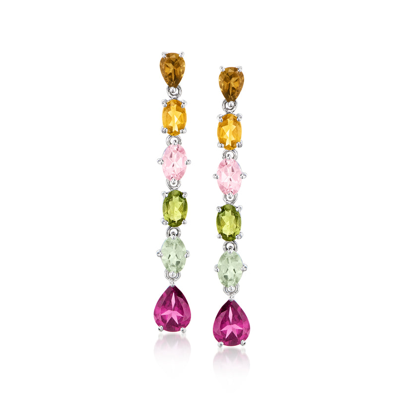 Multicolored gemstone drop earrings in sterling silver, dangling teardrop stones