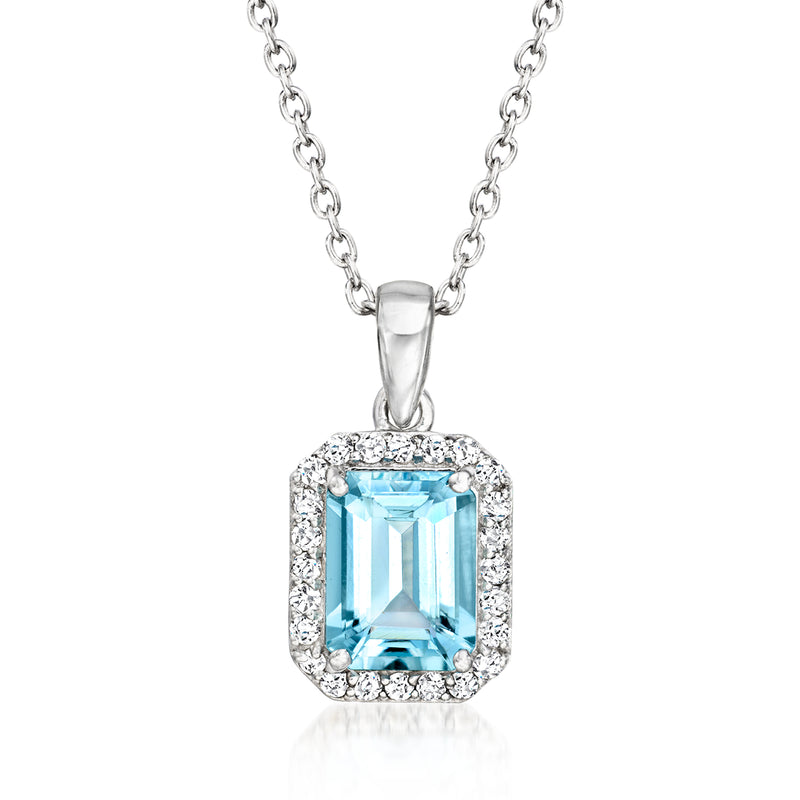 Sterling silver pendant necklace with square aquamarine and white topaz halo
