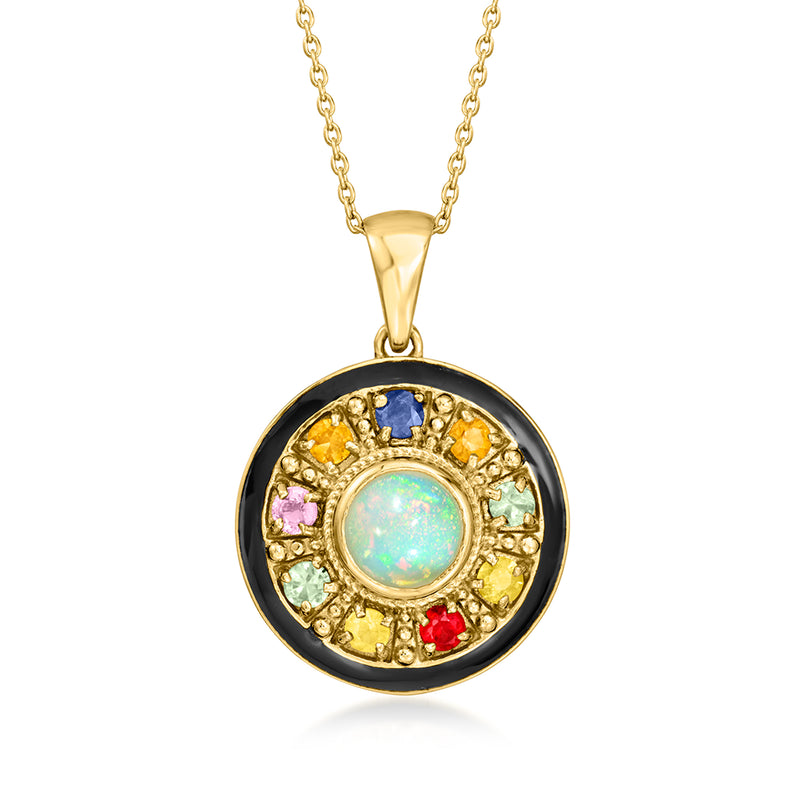 Gold pendant necklace with round opal center, multicolor gems, and black enamel border