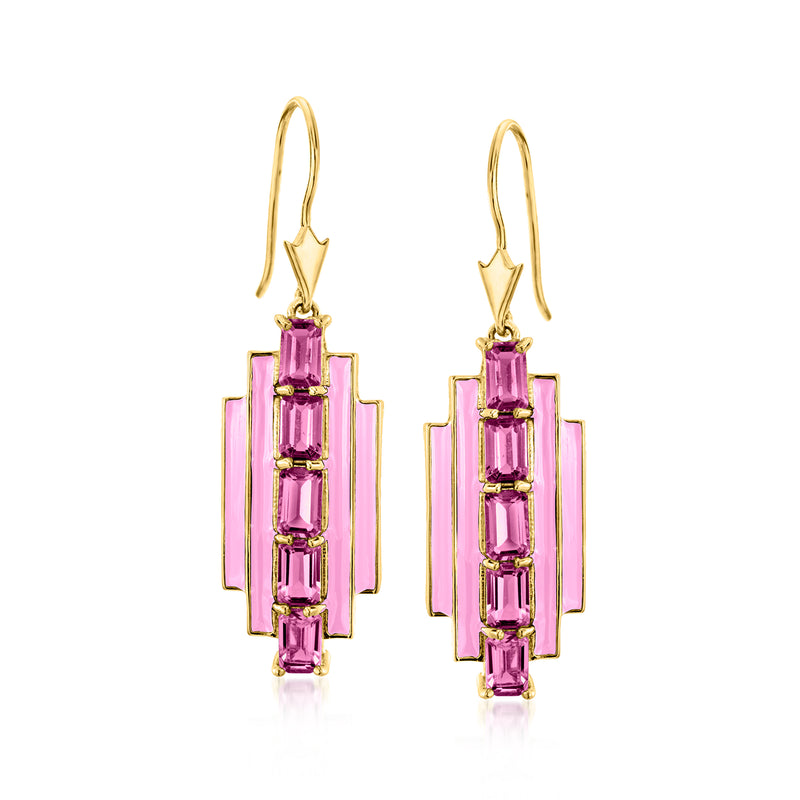 Art Deco drop earrings with pink enamel square accents and gold-tone earwires