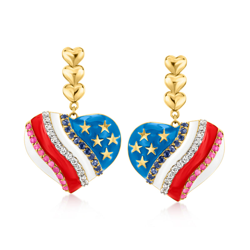 Gold heart drop earrings with multicolor enamel American flag stripes and blue stars