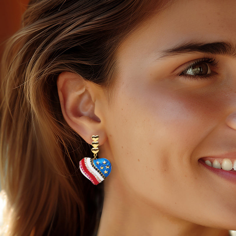 Heart drop earrings with gold mini-heart details and multicolor American flag enamel