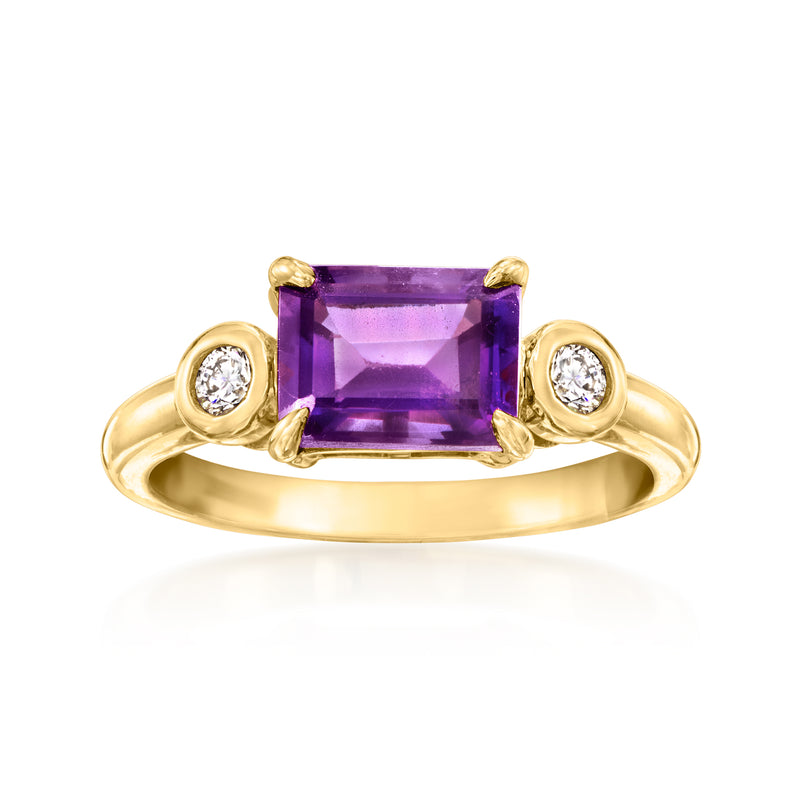 Gold over sterling amethyst rectangle ring with two round diamond accents