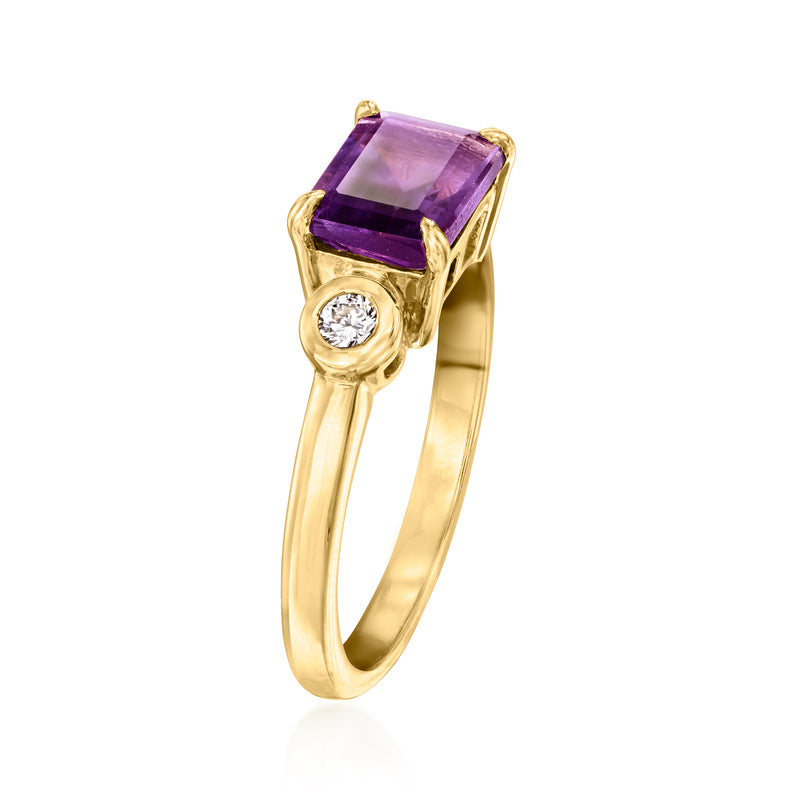 Gold over sterling amethyst rectangle ring with prong-set round side diamond