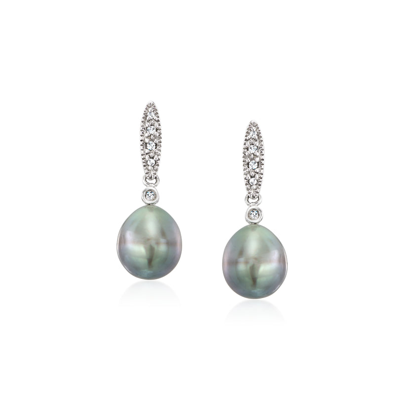 Cultured pearl drop earrings with jeweled hoop top, dark iridescent round pearls
