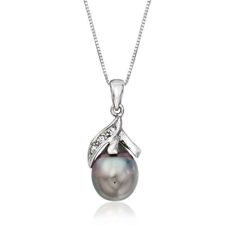 14kt white gold pearl pendant with dark Tahitian cultured pearl and diamond accents