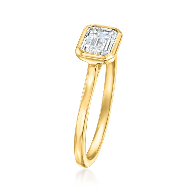 14kt yellow gold emerald-cut diamond ring, side view of setting